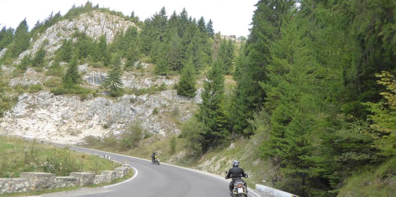 2 Motorradfahrer auf einer kurvenreichen Bergstraße umgeben von bewaldeten Hängen und Felsformationen