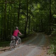 Frau fährt mit Ebike durch den Thüringer Wald